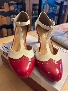 chelsea crew Red and Cream T-Strap Two-Tone Heels